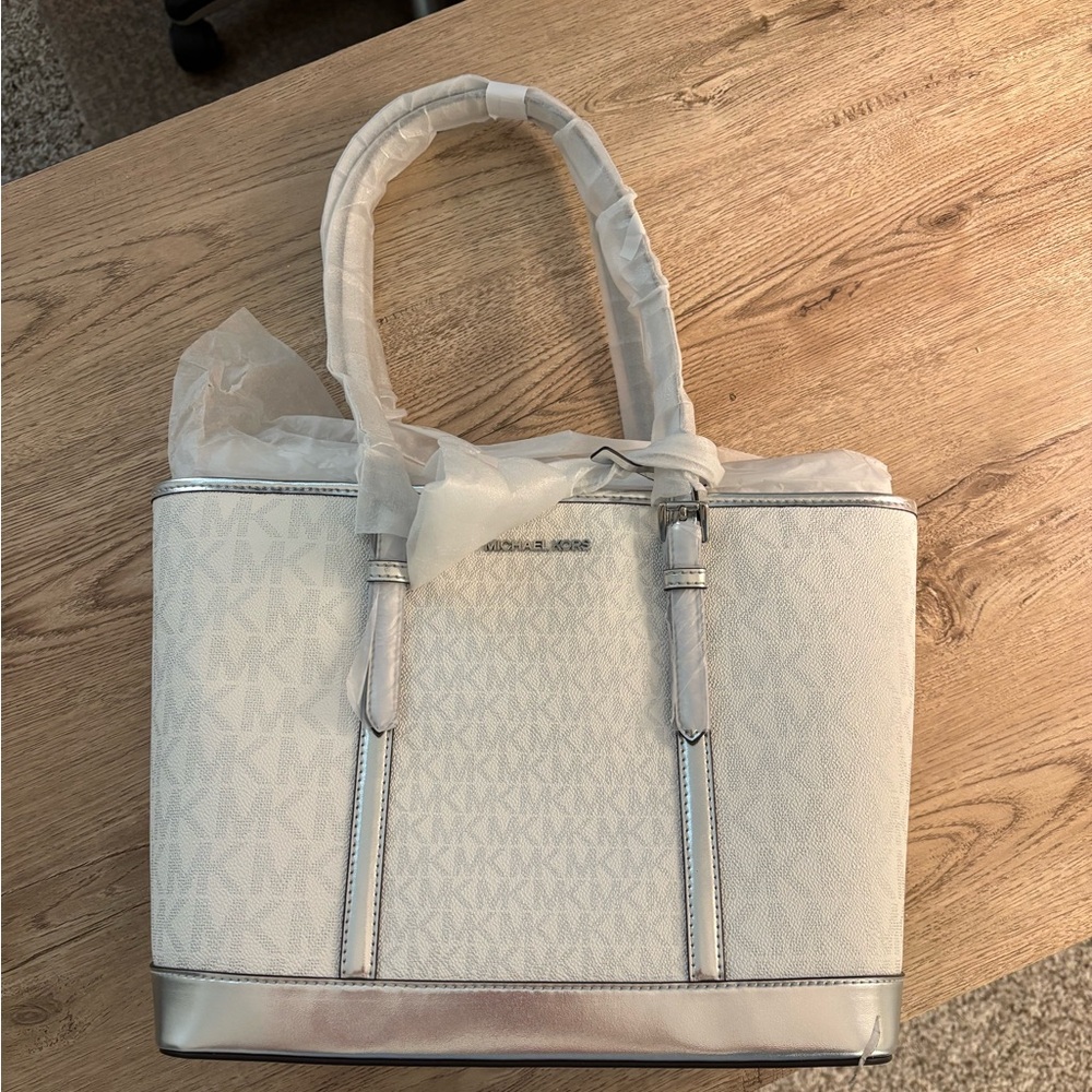 Michael Kors Cream and Silver Tote Bag